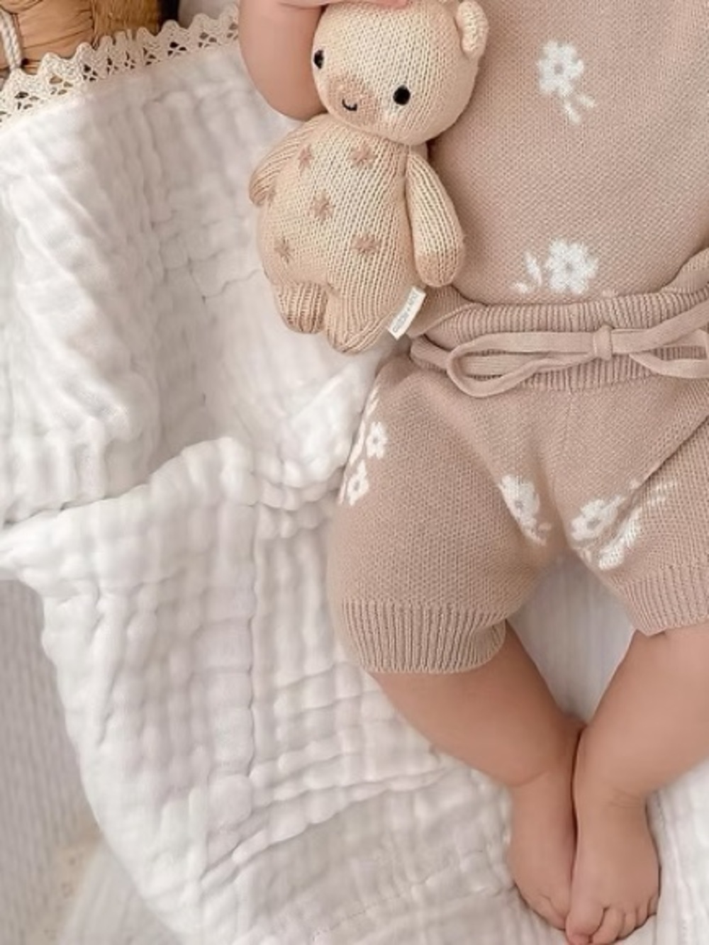 Baby Knit Floral Set in Beige  - 100% Cottom